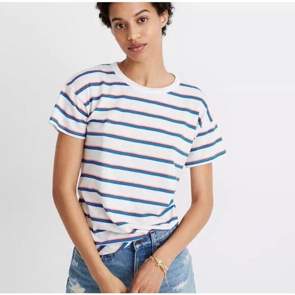 Madewell Whisper Cotton Rib-Crewneck Tee in Rockwood Stripe XXS - Picture 1 of 9